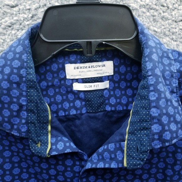 Denim & Flower L Geometric Blue Short Sleeve Button-Down Shirt 43" 28.5" 8.5" - Picture 2 of 12